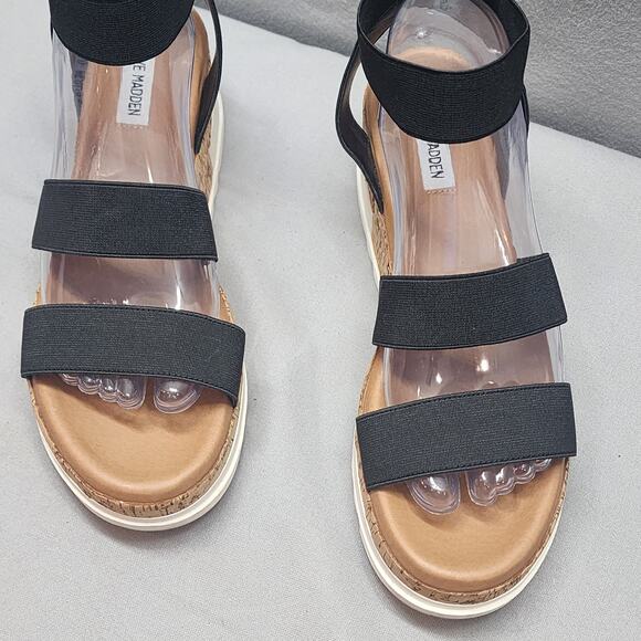 Steve Madden Bandi Platform Wedge Heel Sandals Cork Ankle Strap‎ Black Women's 9 - Picture 2 of 8